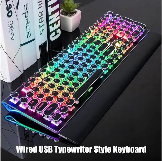 Main image of JAENFONG Typewriter Style Mechanical Gaming Keyboard with True RGB Backlit Collapsible Wrist Rest 108-Key Blue Switch Retro Round Keycap, Black