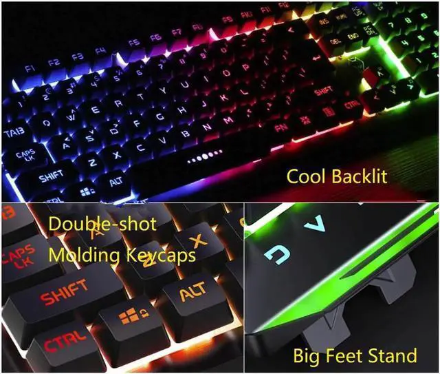 Alt view image 7 of 7 - JAENFONG V2 19 Non-conflicting Keys, Ergonomic Design, Cool Exterior Mechanical Feeling Rainbow Backlit LED Light Wired Keyboard And 3200DPI Mouse Gaming Combo For Office And Game - Black