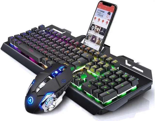 Main image of JAENFONG V2 19 Non-conflicting Keys, Ergonomic Design, Cool Exterior Mechanical Feeling Rainbow Backlit LED Light Wired Keyboard And 3200DPI Mouse Gaming Combo For Office And Game - Black