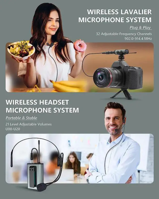 Alt view image 7 of 7 - Wireless Microphone System Headset Mic/Stand Mic/Lavalier Lapel Mic with Rechargeable Bodypack Transmitter & Receiver1/4" Output for iPhone,PA Speaker,DSLR Camera,Recording,Teaching,Church,Vlog