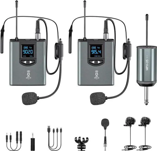 Main image of Wireless Lavalier/Headset Microphone System Dual Bodypack Transmitters&Receiver Wireless Mic Set Rechargeable for iPhone,PA Speaker,DSLR Camera,YouTube,Video Recording,Teaching,Church,Interview