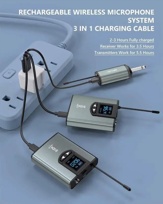 Alt view image 7 of 7 - Wireless Lavalier/Headset Microphone System Dual Bodypack Transmitters&Receiver Wireless Mic Set Rechargeable for iPhone,PA Speaker,DSLR Camera,YouTube,Video Recording,Teaching,Church,Interview