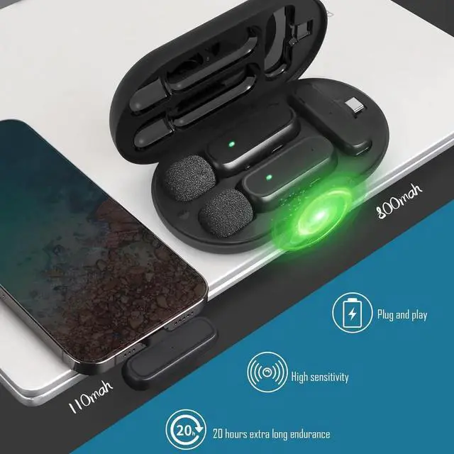 Alt view image 4 of 6 - JAENFONG 2 Pack Wireless Lavalier Microphone for Android, iPhone ipad with Adapter and Charging Case, 10 Hours Long Battery Life, Clip on Lapel Mic for Facebook, Vlog, Interview, Tiktok, YouTube 70ft