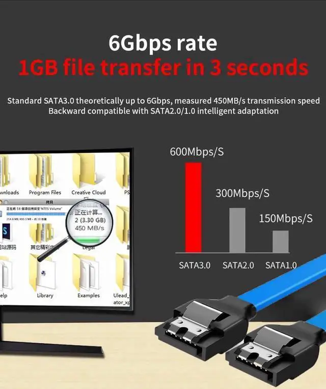 Alt view image 3 of 7 - JAENFONG SATA Cable III 5 Pack 6Gbps 7pin Female to Straight Data Cable with Locking Latch Compatible for SATA SSD, HDD, CD Driver, CD Writer, 20 Inch Blue