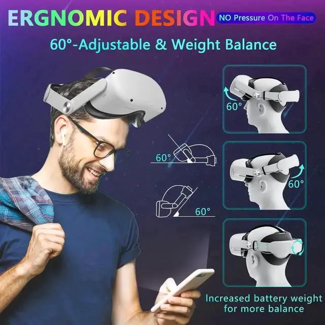 Alt view image 6 of 7 - VR Head Strap with Battery for Oculus Quest 2, 10000mAh Battery Pack Extend 8H Playtime, Fast Charging VR Power, Adjustable Elite Strap Replacement Accessories for Oculus/Meta Quest 2