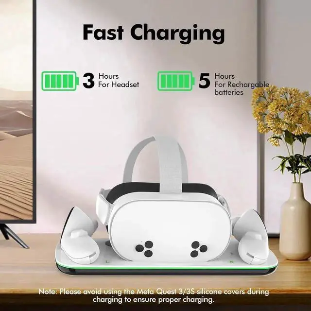Alt view image 4 of 7 - JAENFONG Charging Dock Compatible with Me-ta Quest 3/3S, VR Accessories Charging Station for Me-ta O-cu-lus Quest 3/3S with LED Indicator, Charger Stand with Rechargeable Batteries, with Green Light