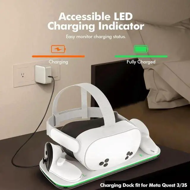 Alt view image 7 of 7 - JAENFONG Charging Dock Compatible with Me-ta Quest 3/3S, VR Accessories Charging Station for Me-ta O-cu-lus Quest 3/3S with LED Indicator, Charger Stand with Rechargeable Batteries, with Green Light