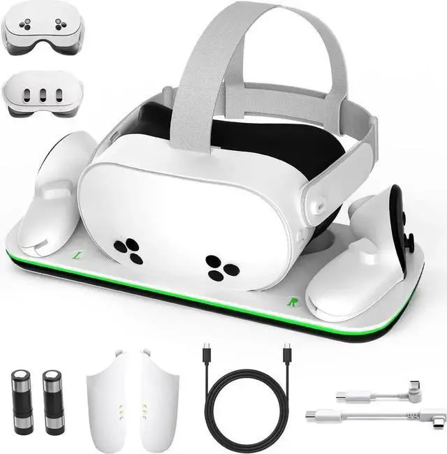 Main image of JAENFONG Charging Dock Compatible with Me-ta Quest 3/3S, VR Accessories Charging Station for Me-ta O-cu-lus Quest 3/3S with LED Indicator, Charger Stand with Rechargeable Batteries, with Green Light