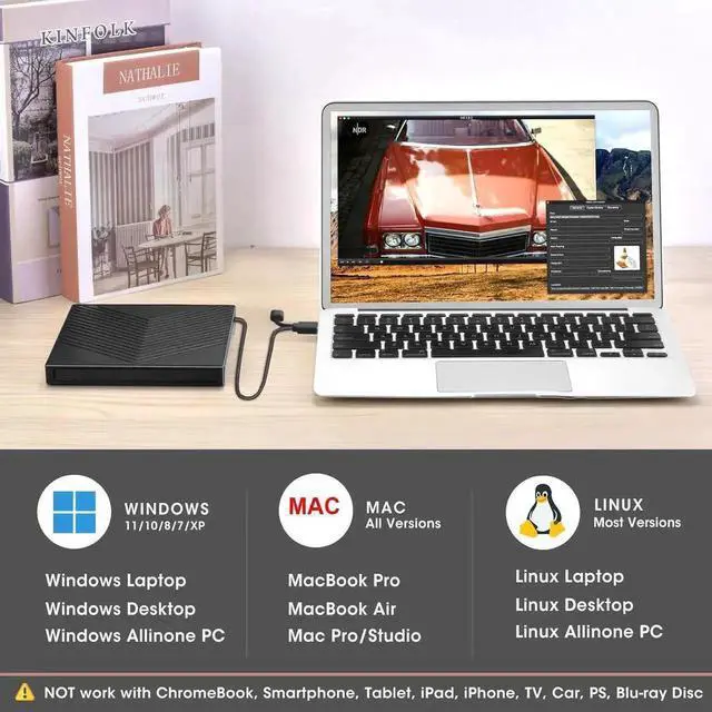 Alt view image 5 of 7 - 8 in 1 External CD DVD Drive, CD Burner DVD Player USB 3.0 with 4 USB Port and 2 SD/TF Card Reader, USB-C CD/DVD-ROM +/-RW Disk Drive Adapter Writer for Laptop PC Windows 11/10/8/7 Linux MacOS