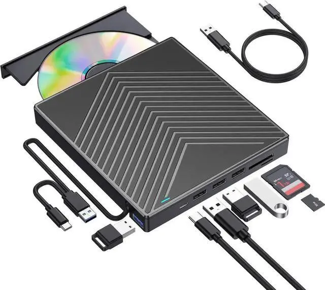 Main image of 8 in 1 External CD DVD Drive, CD Burner DVD Player USB 3.0 with 4 USB Port and 2 SD/TF Card Reader, USB-C CD/DVD-ROM +/-RW Disk Drive Adapter Writer for Laptop PC Windows 11/10/8/7 Linux MacOS