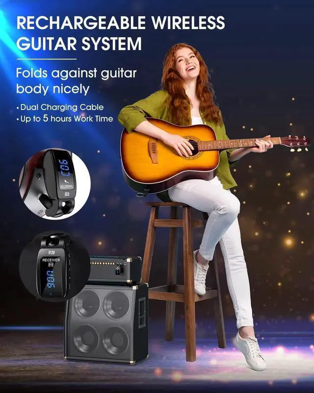 Alt view image 7 of 7 - JAENFONG Wireless Guitar System Instrument System Electric Guitar Transmitter Receiver Rechargeable Bass Accessories Digital Display