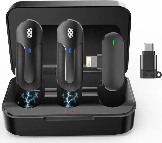 Main image of JAENFONG Wireless Lavalier Microphone, 2 Pack Mini Clip on Microphones for iPhone, iPad and Android - 2.4G Dual Channel Lav Lapel Mics with Charging Case for Video Recording, Interview and Vlog