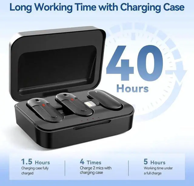 Alt view image 4 of 7 - JAENFONG Wireless Lavalier Microphone, 2 Pack Mini Clip on Microphones for iPhone, iPad and Android - 2.4G Dual Channel Lav Lapel Mics with Charging Case for Video Recording, Interview and Vlog