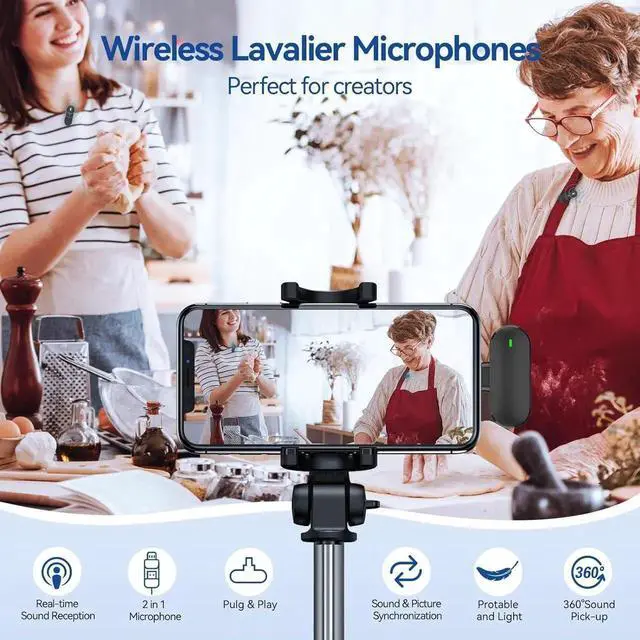 Alt view image 7 of 7 - JAENFONG Wireless Lavalier Microphone, 2 Pack Mini Clip on Microphones for iPhone, iPad and Android - 2.4G Dual Channel Lav Lapel Mics with Charging Case for Video Recording, Interview and Vlog