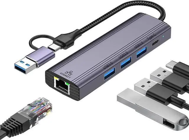 Main image of USB C HUB, 5 in 1 USB-C/USB 3.0 Dual Adapter Docking Station, with USB Port, USB-C Port/PD, Gigabit Ethernet, Multi-Port USB C Adapter Type C Laptops Dock Dongle Compatible for Mac-Book Pro Air