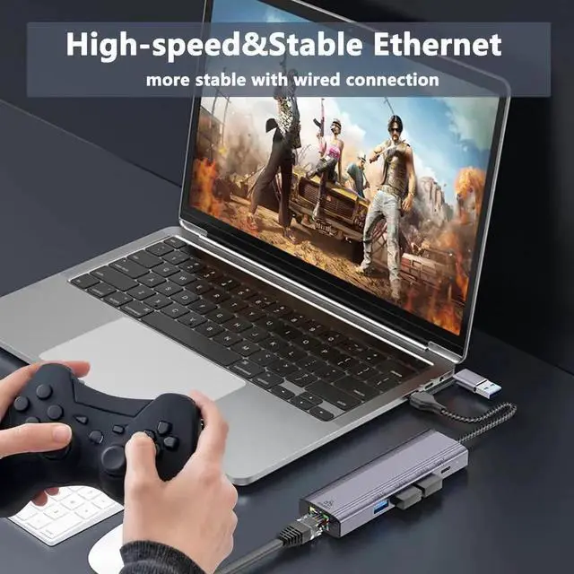 Alt view image 6 of 7 - USB C HUB, 5 in 1 USB-C/USB 3.0 Dual Adapter Docking Station, with USB Port, USB-C Port/PD, Gigabit Ethernet, Multi-Port USB C Adapter Type C Laptops Dock Dongle Compatible for Mac-Book Pro Air