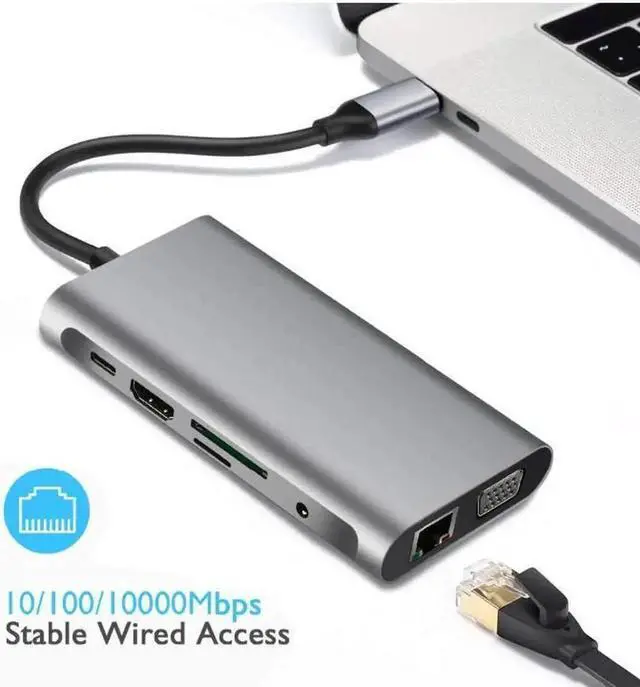 Alt view image 7 of 7 - JAENFONG 10 in1 USB C Dock Station,Type-C Hub with 4K HDMI/1080P VGA/100W PD/Gigabit Ethernet/SD/TF/3*USB3.0/Audio Multiport Adapter for MacBook Laptop Notebook