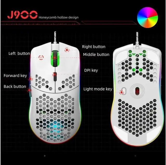 Alt view image 4 of 6 - JAENFONG Programmable RGB Gaming Mouse, 6 DPI (1000/1600/2400/3200/4800/6400) 96g Ultra Lightweight Honeycomb Optical LED Wired Mouse with Programmable 6 Keys RGB Marquee Effect Light White