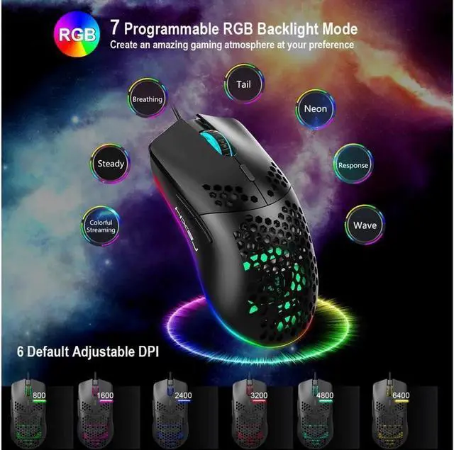 Alt view image 3 of 6 - JAENFONG Programmable RGB Gaming Mouse, 6 DPI (1000/1600/2400/3200/4800/6400) 96g Ultra Lightweight Honeycomb Optical LED Wired Mouse with Programmable 6 Keys RGB Marquee Effect Light