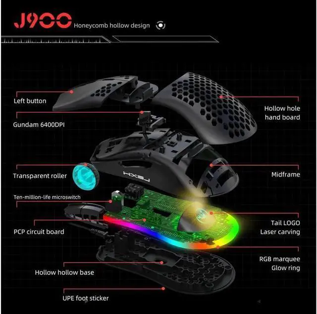 Alt view image 6 of 6 - JAENFONG Programmable RGB Gaming Mouse, 6 DPI (1000/1600/2400/3200/4800/6400) 96g Ultra Lightweight Honeycomb Optical LED Wired Mouse with Programmable 6 Keys RGB Marquee Effect Light
