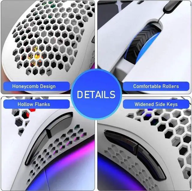 Alt view image 3 of 6 - JAENFONG Wireless Lightweight Gaming Mouse Honeycomb with 7 Button Multi RGB Backlit Perforated Ergonomic Shell Optical Sensor Adjustable DPI Rechargeable 800 mAh Battery USB Receiver for PC Mac Gamer