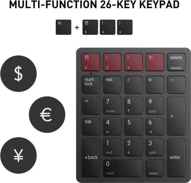 Alt view image 4 of 7 - JAENFONG Bluetooth Number Pad Wireless Numeric Keypad Numpad 26 Keys Portable Mini Financial Accounting Rechargeable Numeric Pad for Laptop Desktop, PC, Surface Pro,Notebook (Black)