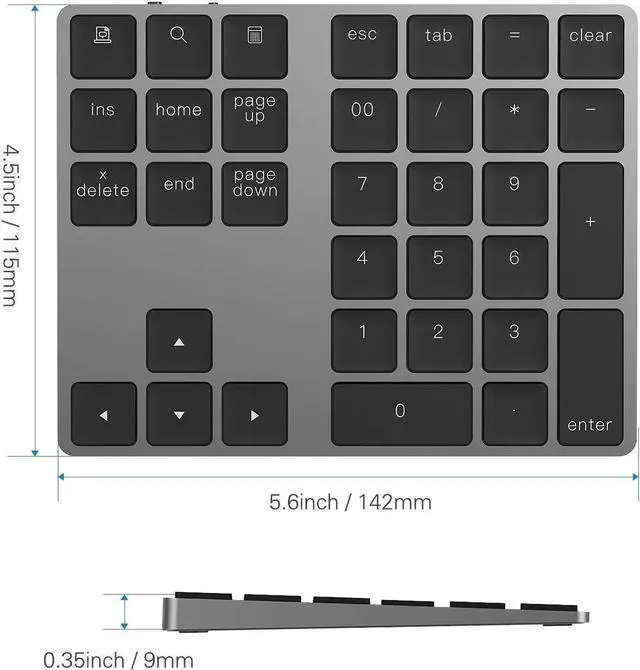 Alt view image 4 of 7 - JAENFONG Bluetooth Number Pad, Aluminum Rechargeable Wireless Numeric Keypad Slim 34-Keys External Numpad Keyboard Data Entry Compatible for Macbook, MacBook Air/Pro, iMac Windows Laptop Surface