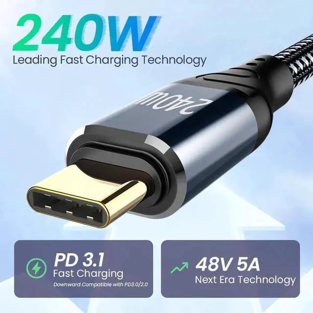 Alt view image 3 of 7 - USB C to USB C Cable 3.3FT / 1M, 240W Type C to Type C Charger Cable, Built in E-mark Chip USB-C Fast Charging Cord Compatible with Mac-Book Pro/Air, i-P-ad Pro, Air 5/4, Mini 6, Laptop, Smartphone..