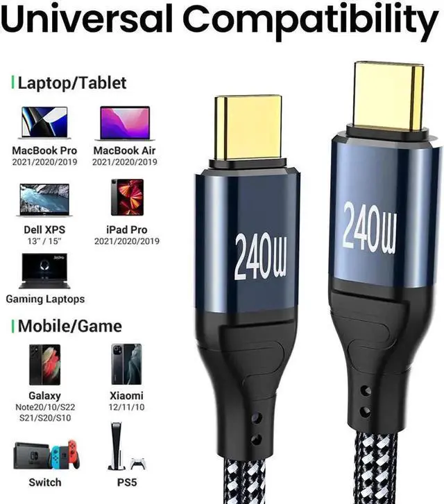 Alt view image 2 of 7 - USB C to USB C Cable 3.3FT / 1M, 240W Type C to Type C Charger Cable, Built in E-mark Chip USB-C Fast Charging Cord Compatible with Mac-Book Pro/Air, i-P-ad Pro, Air 5/4, Mini 6, Laptop, Smartphone..
