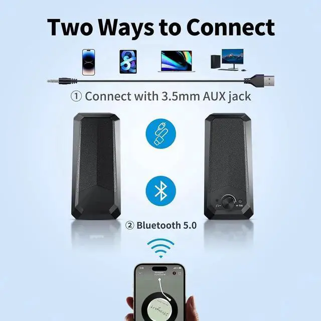 Alt view image 2 of 7 - JAENFONG Computer Speakers HiFi Stereo Sound - 2.0 Channel RGB Desktop Speakers PC Speaker with Bluetooth Volume Control USB Powered 3.5mm AUX-in Audio System