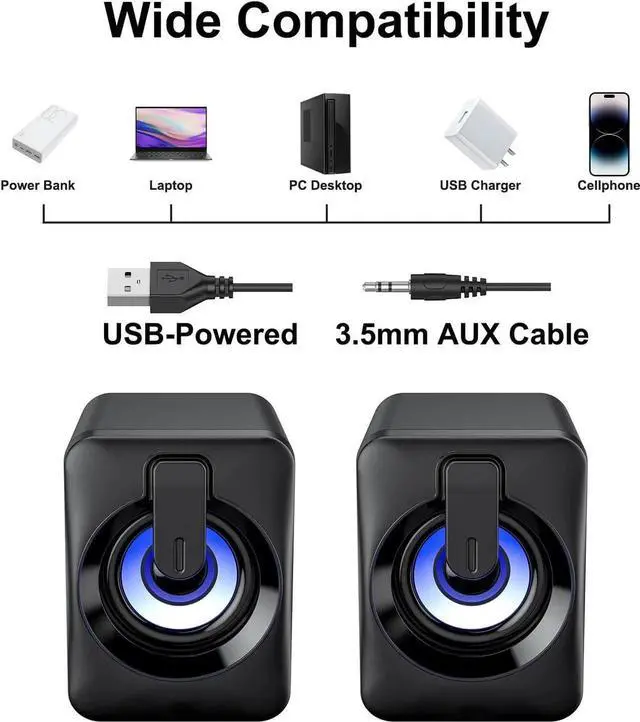 Alt view image 3 of 7 - JAENFONGComputer Speaker USB Powered - Portable Mini Bluetooth Subwoofer with RGB Lights Volume Control 3.5mm AUX-in HiFi Stereo Sound Desk Audio System for PC Monitor Tablets Desktop Laptop Cellphone