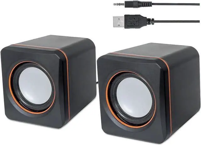 Main image of JAENFONG USB Powered Stereo Speaker System - Small Size - with Volume Control & 3.5 mm Aux Audio Plug to Connect to Laptop, Notebook, Desktop, Computer - 3 Yr Mfg Warranty - Black Orange, 161435