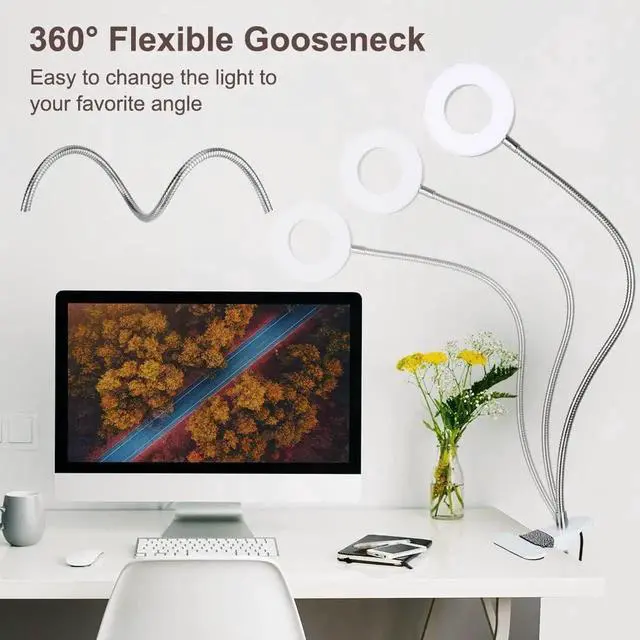 Alt view image 4 of 7 - JAENFONG Clip on Desk/Ring Light with Clamp for Video Conference Lighting, Computer Webcam, USB LED Laptop Light for Zoom Meetings Reading with 3 Color 10 Dimming Level Silvery