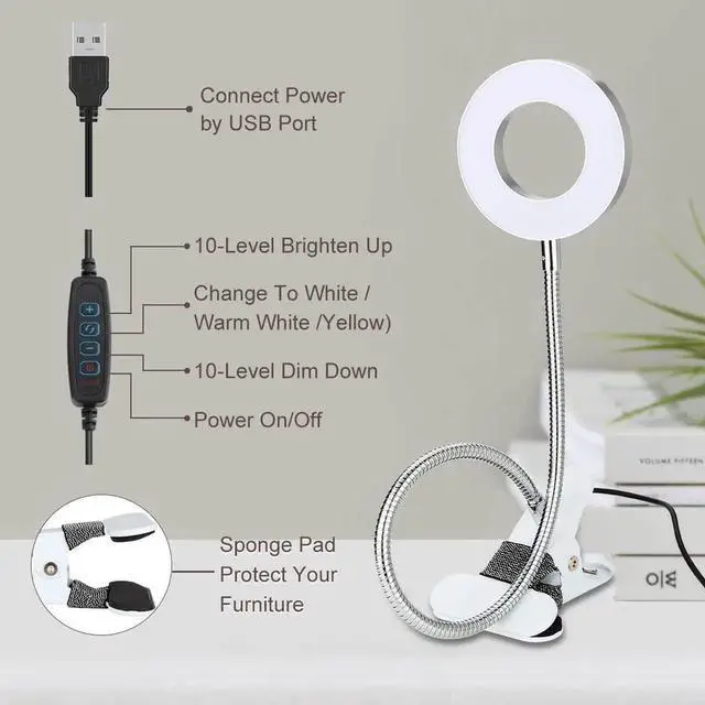 Alt view image 2 of 7 - JAENFONG Clip on Desk/Ring Light with Clamp for Video Conference Lighting, Computer Webcam, USB LED Laptop Light for Zoom Meetings Reading with 3 Color 10 Dimming Level Silvery