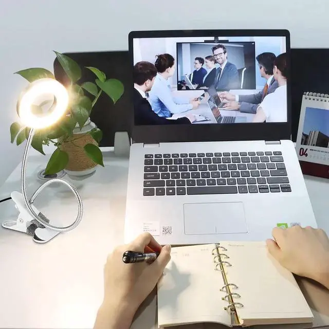 Alt view image 5 of 7 - JAENFONG Clip on Desk/Ring Light with Clamp for Video Conference Lighting, Computer Webcam, USB LED Laptop Light for Zoom Meetings Reading with 3 Color 10 Dimming Level Silvery