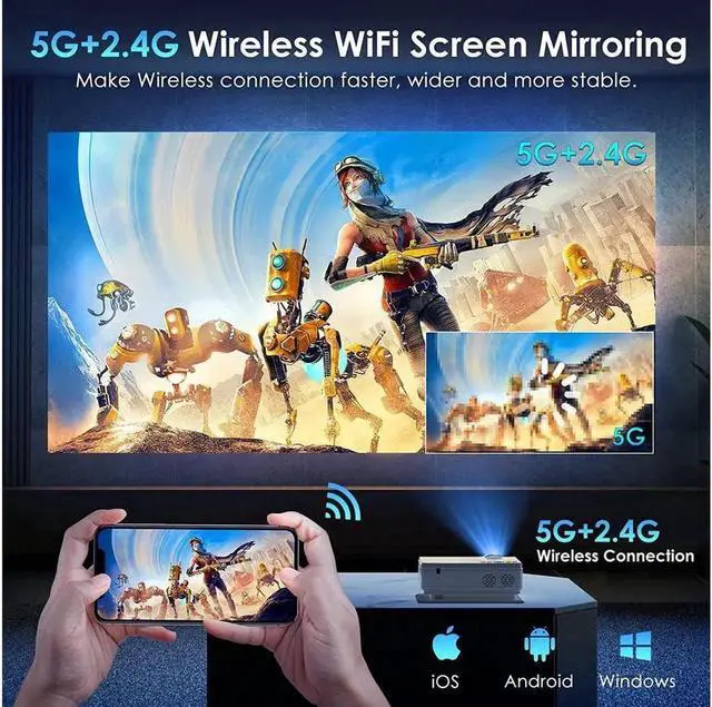 Alt view image 3 of 6 - JAENFONG Projector with WiFi and Bluetooth, 5G WiFi Native 1080P 9500L Outdoor Projector 4K Support, Mini Portable Movie Projector with Screen, for HDMI, VGA, USB, Laptop, iOS & Android Phone