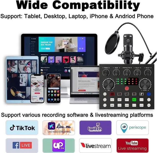 Alt view image 4 of 7 - Podcast Equipment Bundle, BM-800 Mic Kit with Live Sound Card, Podcast Microphone Bundle with Studio Microphone, Recording Studio Equipment for Live Streaming, Broadcasting with Phone/PC/Laptop