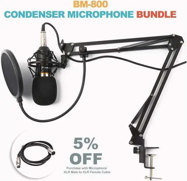 Alt view image 2 of 6 - JAENFONG Condenser Microphone Bundle, BM-800 Mic Kit with Adjustable Mic Suspension Scissor Arm, Metal Shock Mount and Double-Layer Pop Filter for Studio Recording & Broadcasting (Silver)