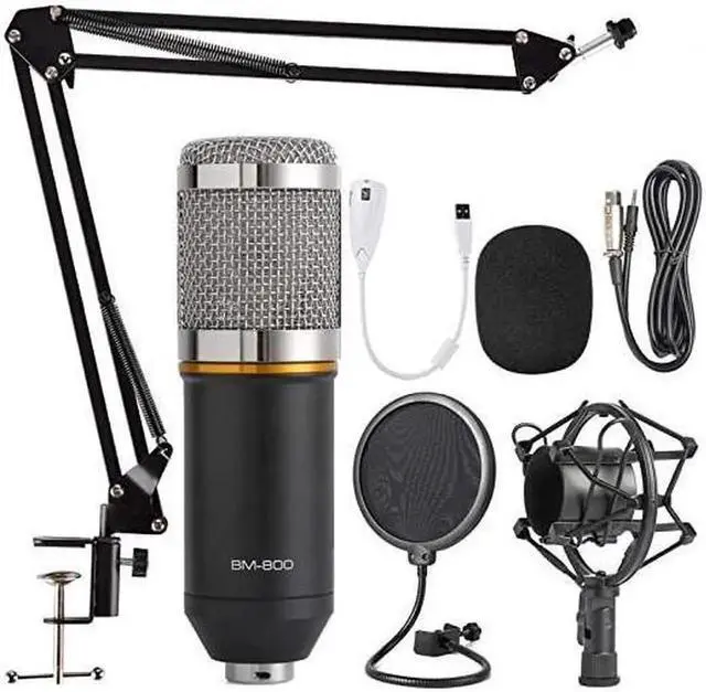 Main image of JAENFONG Condenser Microphone Bundle, BM-800 Mic Kit with Adjustable Mic Suspension Scissor Arm, Metal Shock Mount and Double-Layer Pop Filter for Studio Recording & Broadcasting (Silver)