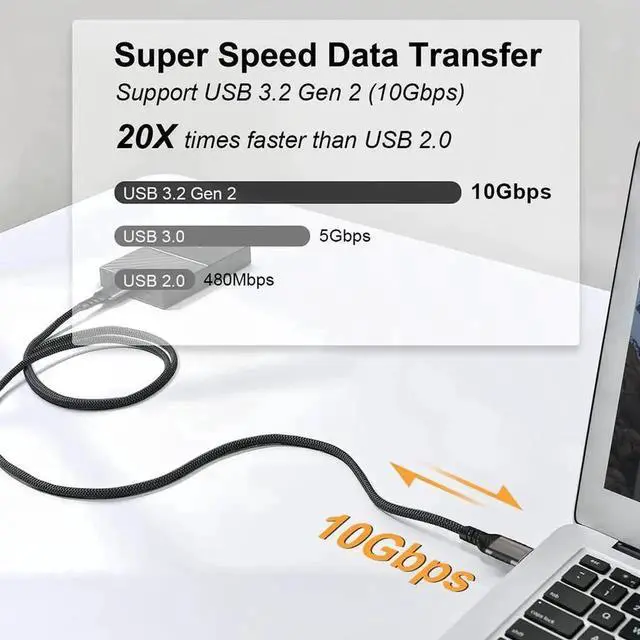 Alt view image 3 of 7 - USB A to USB C 3.1/3.2 Cable, [2-Pack 3.3ft/1M], 10Gbps Data Transfer and 60W 3A Fast Charging Cord, Nylon Braided USB 3.2 to USB C Cable for S-a-m-s-u-n-g Galaxy S22 S21 S20 and Other Type-C Devices