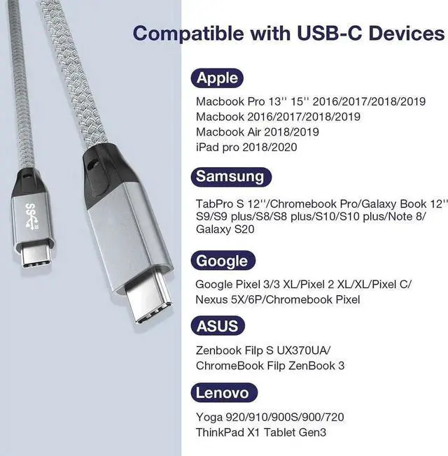 Alt view image 3 of 7 - USB C to USB C Cable 100W, USB 3.1 Type C Gen 2 10Gbps /20Gbps Data Transfer Cable PD Fast Charging,4K Video Monitor Cord Compatible for Thunderbolt 3,MacBook Pro, iPad Pro,Galaxy S21(1.65ft.)