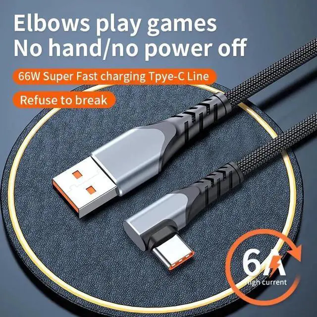Alt view image 2 of 7 - JAENFONG USB C Cable 90 Degree Braided 66W 6A Fast Charging Cord for iPhone 15/Galaxy S10/Pixel 7 and More 3.3ft Grey