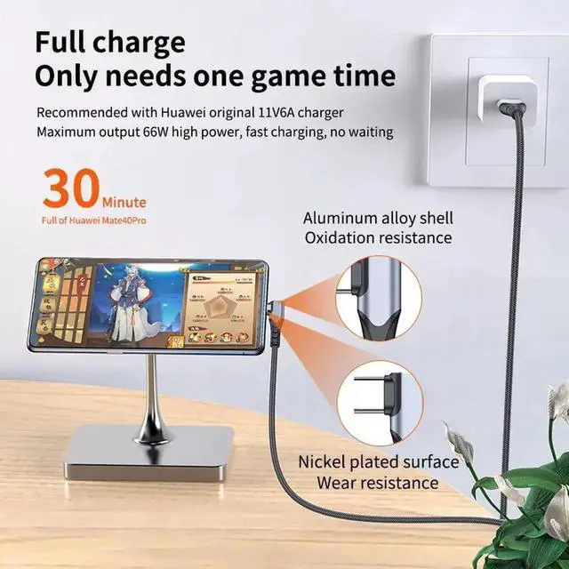 Alt view image 4 of 7 - JAENFONG USB C Cable 90 Degree Braided 66W 6A Fast Charging Cord for iPhone 15/Galaxy S10/Pixel 7 and More 3.3ft Grey