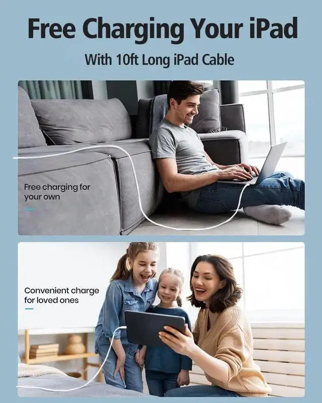 Alt view image 4 of 7 - 10FT iPad Charger Cord, 20W USB C Fast Charger with Long Charging Cable for iPad Pro 13/12.9/11 inch, iPad 10th Generation,iPad A16 11th Generation, iPad Air 13/11 inch/5th/4th, iPad mini 6/7th