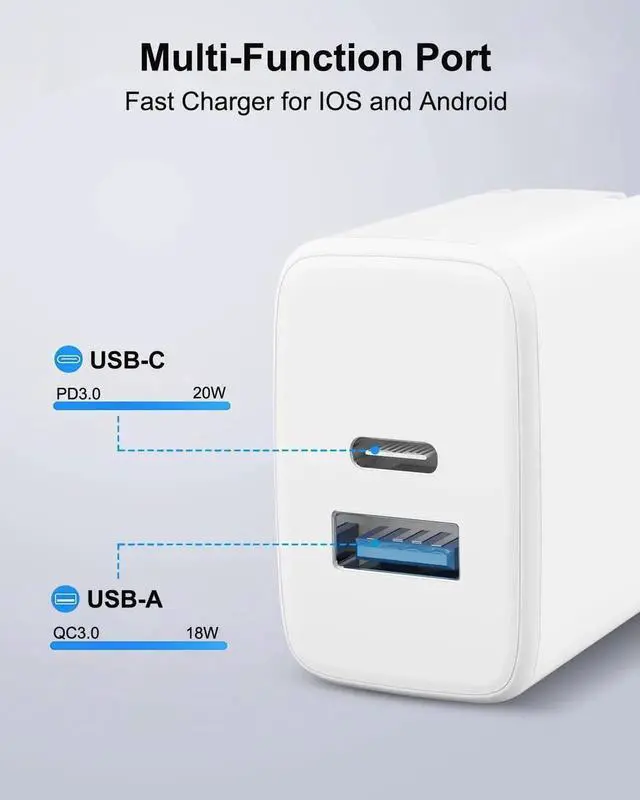 Alt view image 3 of 7 - JAENFONG 20W Dual Port Fast Charger for iPad 9th 8th 7th 6th 5th Generation 10.2 inch, iPad Air 3/2, iPad mini 5/4/3, Foldable Wall Charger with 10ft USB-C to Lightning Fast Charging Cable