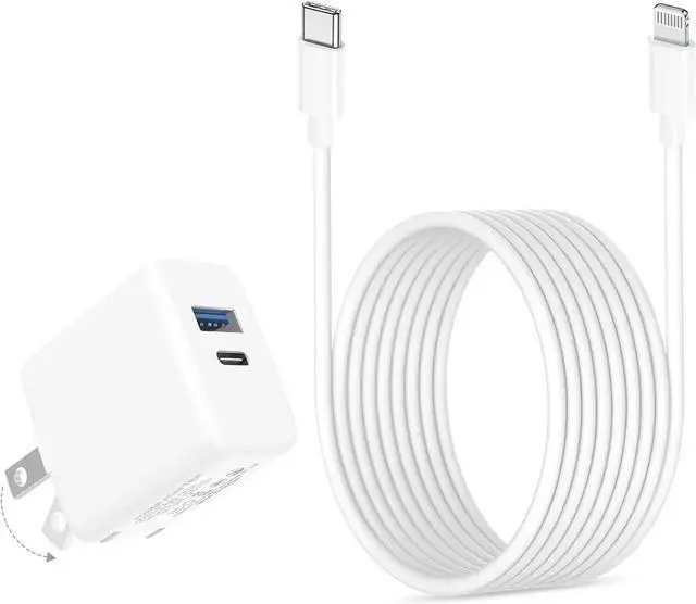 Main image of JAENFONG 20W Dual Port Fast Charger for iPad 9th 8th 7th 6th 5th Generation 10.2 inch, iPad Air 3/2, iPad mini 5/4/3, Foldable Wall Charger with 10ft USB-C to Lightning Fast Charging Cable