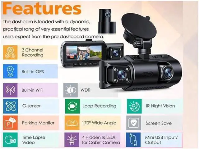 Alt view image 3 of 7 - JAENFONG3 Channel 2K/Dual 4K Dash Cam, WDR Car Camera, 3.2" Screen Car Dash Camera, Driving Recorder with Built-in WiFi GPS, IR Night Vision, Parking Monitor, Motion Detection, Loop Recording,G-sensor