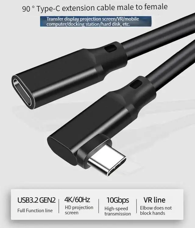 Alt view image 3 of 6 - JAENFONG USB C Extender Cable Right Angle 5A PD 100W Type C Male to Female Extension Cord,USB 3.1 Gen 2 10gbps Compatible with PSVR2,USB C Hub,Switch,MacBook Pro/Air,iPad Pro 0.75 ft.