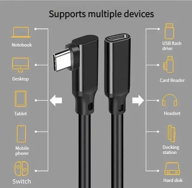 Alt view image 6 of 6 - JAENFONG USB C Extender Cable Right Angle 5A PD 100W Type C Male to Female Extension Cord,USB 3.1 Gen 2 10gbps Compatible with PSVR2,USB C Hub,Switch,MacBook Pro/Air,iPad Pro 0.75 ft.