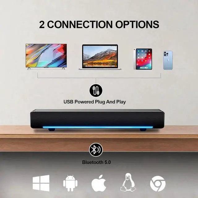 Alt view image 2 of 6 - JAENFONG Computer PC Bluetooth Soundbar Speakers Wireless USB Powered Laptop Desktop Monitor Speakers for PC Smartphone Ipad Tablet-Lighting Control-Switch Power On/Off